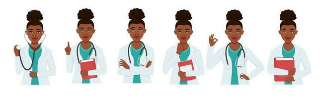 conjunto negro doctores personaje mujer con estetoscopio. médico personal, doctor, terapeuta, profesional hospital personal. vector ilustración.