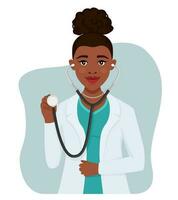 Black doctors character woman with stethoscope. vector