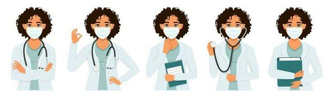 Set female doctor in a medical mask. Against the background of an abstract city. Indicates a mask. Illustration in flat style vector