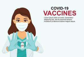 un mujer médico en un máscara muestra su corazón con su manos y sostiene un vacuna en contra coronavirus. adecuado bandera, volantes. vacunación de gente. coronavirus covid-19 concepto. vector