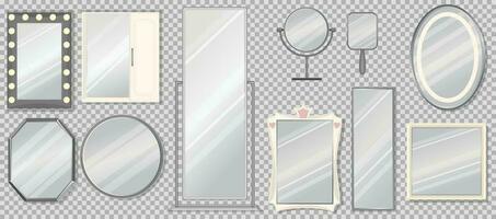 Set of vector mirrors of different models. Reflective mirror surface in silver frame, baby, tabletop, bath mirrors. Interior decor, vector