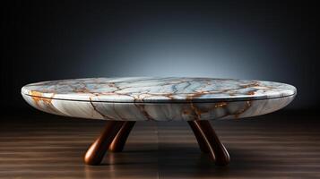 a front view of a Luxurious White and Gold Empty Marble Table for Product Placement on a Dark Background, serving as a blank marble table mockup, photo