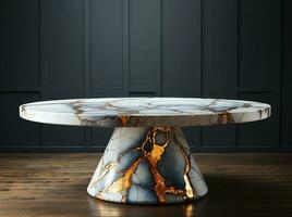 a front view of a Luxurious White and Gold Empty Marble Table for Product Placement on a Dark Background, serving as a blank marble table mockup, Ai generative photo