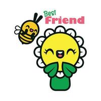 linda Dom flor y un pequeño abeja dibujos animados vector