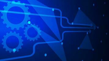 Business process management system concept with gears, arrow and plexus on dark blue background. Vector illustration.