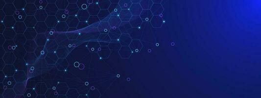 resumen hexagonal formas con conectando líneas y círculo. moderno científico tamborileo. molecular estructura, química, Ciencias y tecnología antecedentes. vector ilustración.