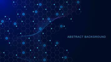 Abstract hexagon pattern with glowing particles and wave flow. Molecular sci fi scientific technology innovation background design. Vector illustration.