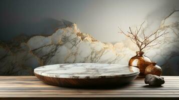 a front view of a Luxurious White and Gold Empty Marble Table for Product Placement on a Dark Background, serving as a blank marble table mockup, Ai generative photo