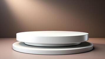 a front view of a white, empty podium stand for product placement with dark background, serving as a blank podium stand mockup, photo