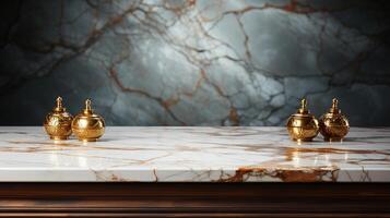 a front view of a Luxurious White and Gold Empty Marble Table for Product Placement on a Dark Background, serving as a blank marble table mockup, photo
