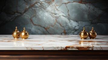 a front view of a Luxurious White and Gold Empty Marble Table for Product Placement on a Dark Background, serving as a blank marble table mockup, Ai generative photo