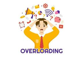 Overloading Vector Illustration with Busy work and Multitasking Employee to Finish Many Documents or Digital Information in Hand Drawn Templates