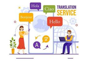 Translator Service Vector Illustration with Language Translation Various Countries and Multilanguage Using Dictionary in Hand Drawn Templates