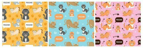 Set of Cats Animals Seamless Pattern Design with Cat Element in Template Hand Drawn Cartoon Flat Illustration vector