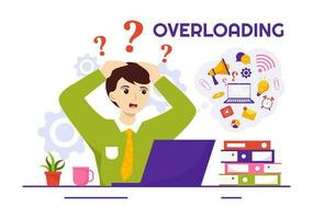 Overloading Vector Illustration with Busy work and Multitasking Employee to Finish Many Documents or Digital Information in Hand Drawn Templates