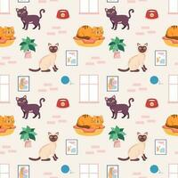 Cats Animals Seamless Pattern Design with Cat Element in Template Hand Drawn Cartoon Flat Illustration vector
