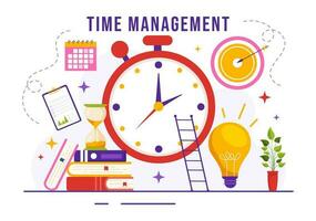 Time Management Vector Illustration with Clock Controls and Tasks Planning Training Activities Schedule in Flat Cartoon Hand Drawn Templates