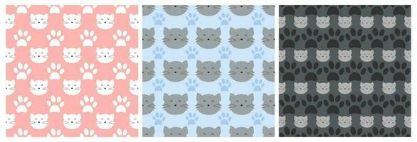 Set of Cats Animals Seamless Pattern Design with Cat Element in Template Hand Drawn Cartoon Flat Illustration vector