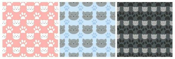 Set of Cats Animals Seamless Pattern Design with Cat Element in Template Hand Drawn Cartoon Flat Illustration vector