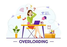 Overloading Vector Illustration with Busy work and Multitasking Employee to Finish Many Documents or Digital Information in Hand Drawn Templates