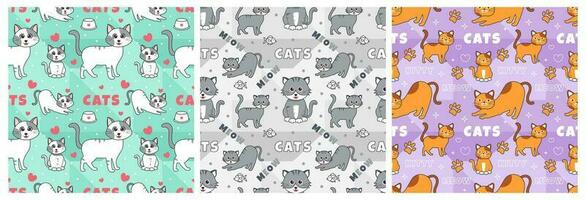 Set of Cats Animals Seamless Pattern Design with Cat Element in Template Hand Drawn Cartoon Flat Illustration vector