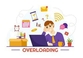 Overloading Vector Illustration with Busy work and Multitasking Employee to Finish Many Documents or Digital Information in Hand Drawn Templates