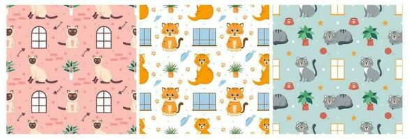 Set of Cats Animals Seamless Pattern Design with Cat Element in Template Hand Drawn Cartoon Flat Illustration vector