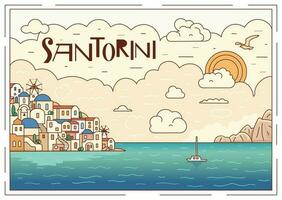 Santorini island, Greece. Beautiful traditional white architecture and blue domed Greek Orthodox churches over the caldera. Wide format. Vector illustration in doodle style.