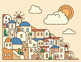 Santorini island, Greece. Beautiful traditional white architecture and blue domed Greek Orthodox churches over the caldera. Vector flat illustration in doodle style.