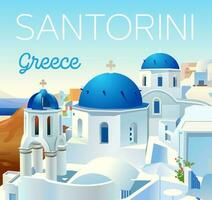 Santorini island, Greece. Beautiful traditional white architecture and blue domed Greek Orthodox churches over the caldera, Aegean Sea. Scenic travel background. Square promotion card, flyer, vector
