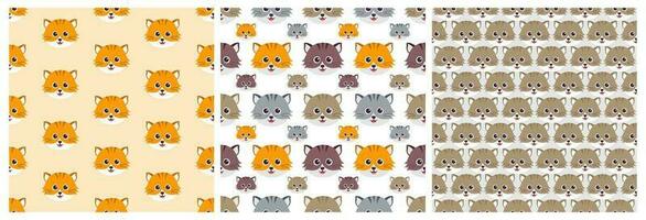 Set of Cats Animals Seamless Pattern Design with Cat Element in Template Hand Drawn Cartoon Flat Illustration vector