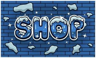 Shop Lettering With Snow Ice Font In Brick Wall Background For Sign Template. Text Effect and Simple Gradients. vector