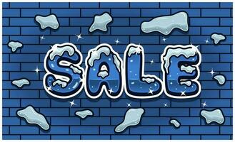 Sale Lettering With Snow Ice Font In Brick Wall Background For Sign Template. Text Effect and Simple Gradients. vector