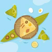 Top view of rice dumpling, egg, mushroom and bamboo basket vector