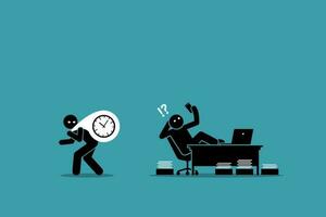 Procrastination is the thief of time. Vector illustrations clip art depicts concept of laziness, wasting time, delay, postpone, lazy, unproductive, and deadline.