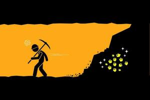 Miner give up and fed up after almost digging and reaching to the gold or treasure in the underground tunnel. Vector illustration depicts concept of failure, lost opportunity, unlucky, and impatient.