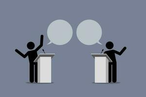 Two speaker debate and argue on a podium. Vector illustration depicts concept of argument, political point of view, disagreement, discussion, different opinions, and presentation.