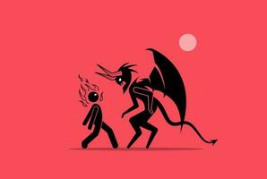 Face your demon. Man confront his fear and facing up against the demon. Vector illustrations concept of confident, bravery, fearless, withstand challenges, and unafraid of the devil.