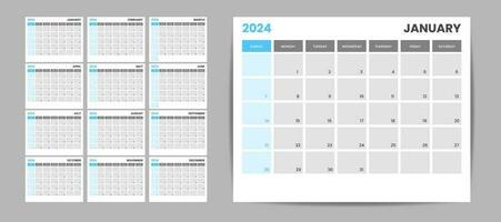 mensual escritorio calendario modelo para 2024 año. semana empieza en domingo. pared calendario 2024 en un minimalista estilo, conjunto de 12 meses, planificador, impresión plantilla, oficina organizador vector. vector