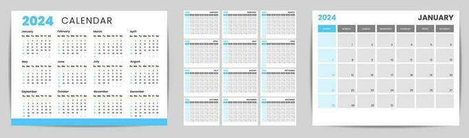 Set of monthly calendar template for 2024 year. Wall calendar in a minimalist style. Week Starts on Sunday. Planner for 2024 year. vector