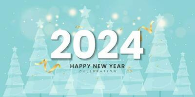 2024 new year. Happy new year 2024 background. New year holidays card with bright lights winter snowy forest and confetti. vector