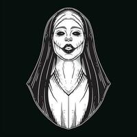 Dark Art Nun Girl Women Skull Head Ghost Horror Hatching Outline Style illustration vector