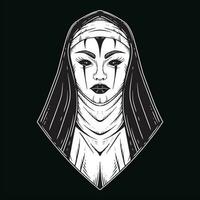 Dark Art Nun Tattoo Devil Women Skull Head Horror Hand Drawn Style illustration vector