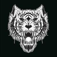 Dark Art Tiger Head Scary Angry Beast mascot black and white Hand Drawn illustration vector