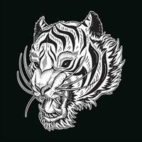 Tigre cabeza enojado bestia rugido colmillos para tatuaje ropa negro y blanco mano dibujado ilustración vector
