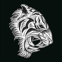Tigre cabeza enojado bestia rugido colmillos para tatuaje ropa negro y blanco mano dibujado ilustración vector