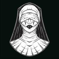 Prayer Girl Nun Tattoo Horror Women Skull Horn Head Horror Hand Drawn Style illustration vector