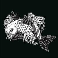 Hand Drawn Koi Fish Aquatic Black White Vintage Dark Art for Tattoo and Clothing illustration vector