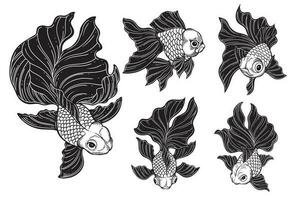 Set Bundle Hand Drawn Gold Fish Aquatic Black White Vintage Dark Art for Tattoo and Clothing illustration vector