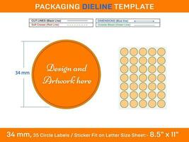 ROUND label sticker dieline template of 35pcs 34 mm size vector